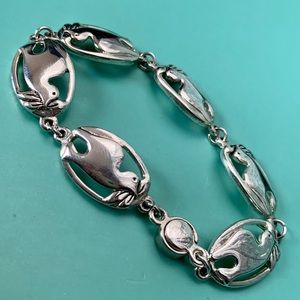 Silver Tone Peace Dove & Olive Branch Chain Link Bracelet 7.5”